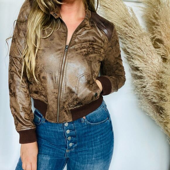 ANTHROPOLOGIE HEI HEI Brown Vegan Faux Leather Knit Cuff Bomber Jacket Coat XS - Picture 4 of 10